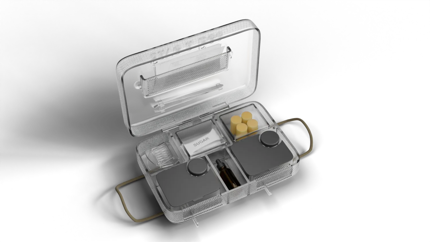 The open Save a Bee kit from above — two shaded bee pods, the amber bee-water dropper, sugar sachets, spare sponges, the plunger catch-cage and tweezers in the lid