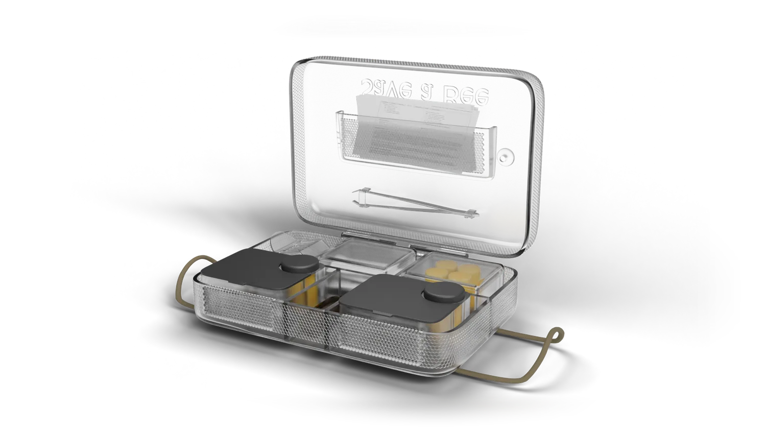 3D concept render of the Save a Bee rescue kit, open — pods, dropper and tools inside the frosted shell. No kit has been manufactured yet.