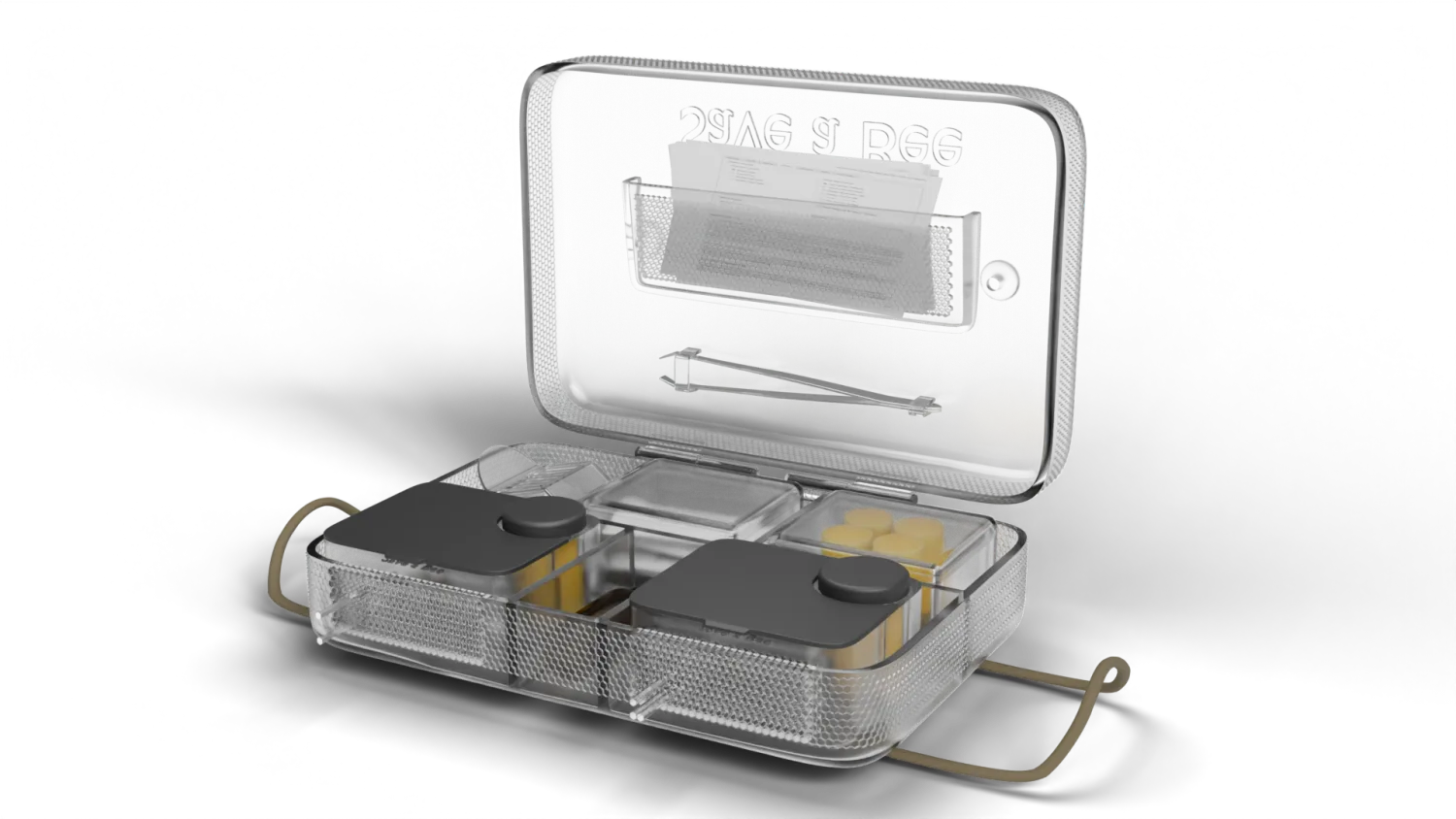 The Save a Bee rescue kit, open — pods, dropper and tools inside the frosted shell