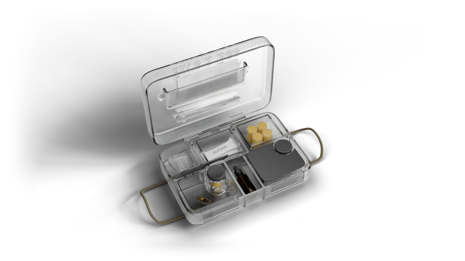Concept render of the open Save a Bee kit — a bee resting inside the uncovered bee pod beside its sealed drinking well, the second pod still under its solid dark cover, and the amber bee-water dropper lying in the centre channel